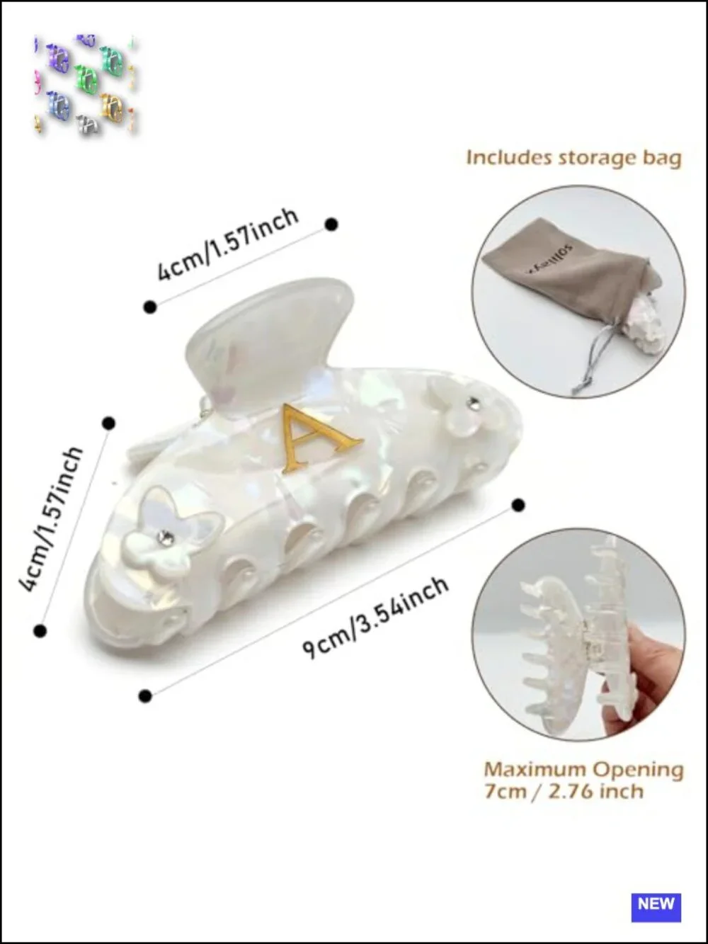 Butterfly Letter A Hair Claw Clip for Medium Hair, Strong Acetate Barrettes